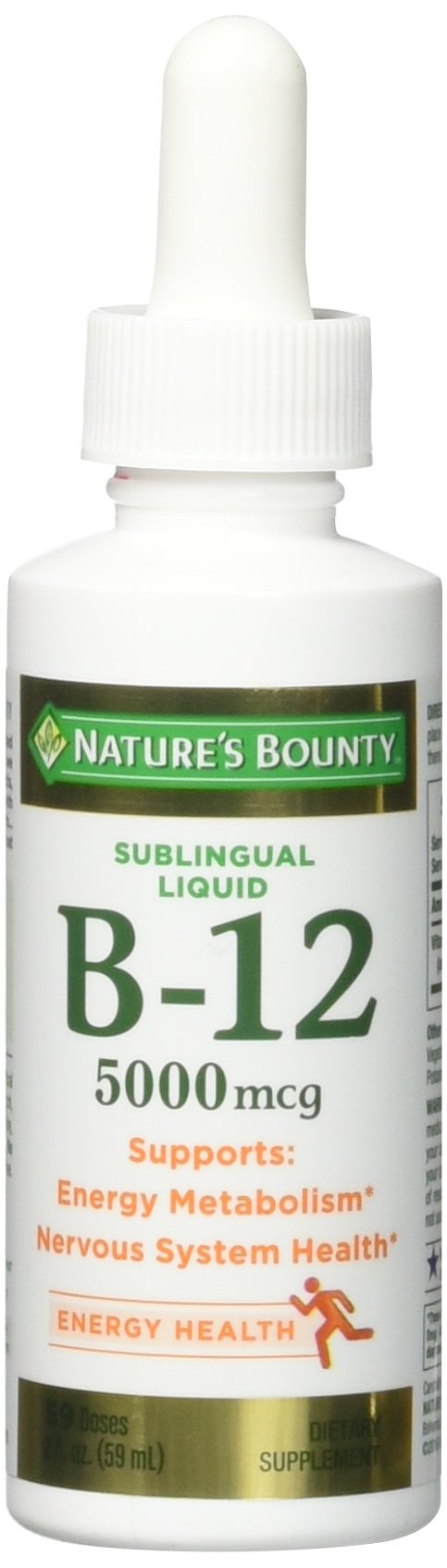 Nature's Bounty B-12 5000 mcg sublingual liquid bottle supports energy metabolism and nervous system health.