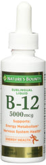Nature's Bounty B-12 5000 mcg sublingual liquid bottle supports energy metabolism and nervous system health.