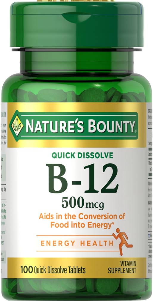 Nature's Bounty Vitamin B12 500mcg quick-dissolve tablets bottle with cherry flavor
