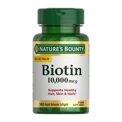 Nature's Bounty Biotin bottle with 10,000 mcg rapid-release softgels