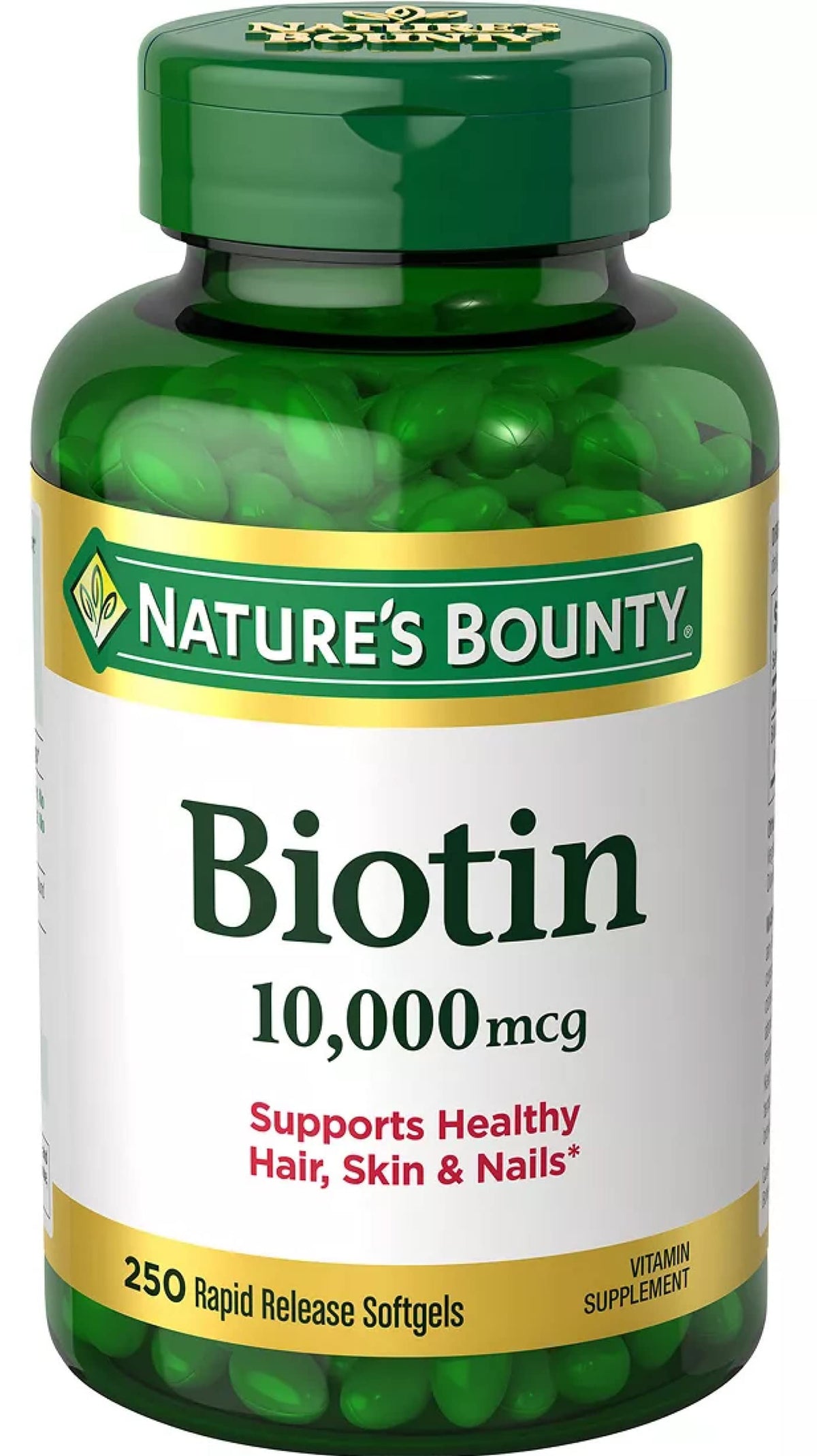 Nature's Bounty Biotin 10,000 mcg bottle label front