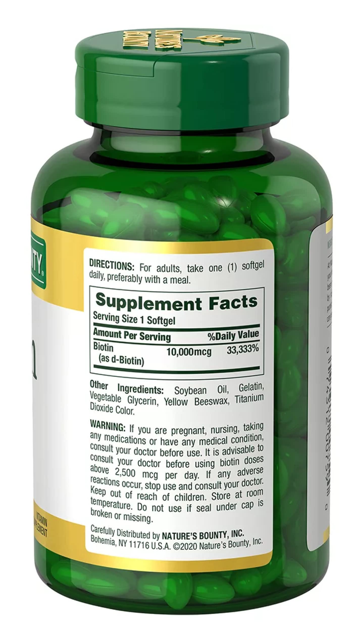 Close-up of Nature's Bounty Biotin 10,000 mcg rapid-release softgel