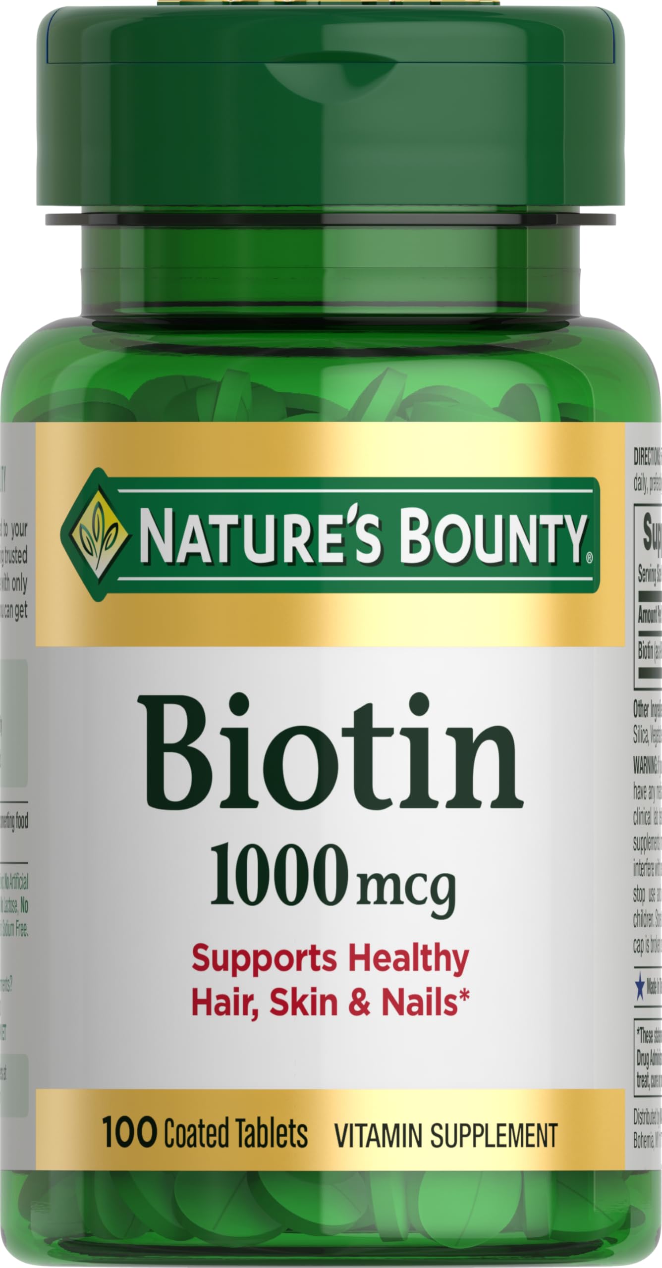 Front label of Nature's Bounty Biotin 1000 mcg 100 tablets
