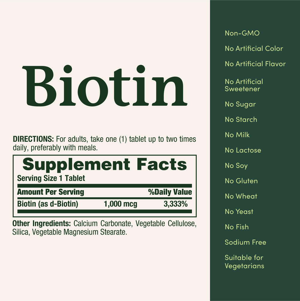 Packaging of Nature's Bounty Biotin 1000 mcg bottles