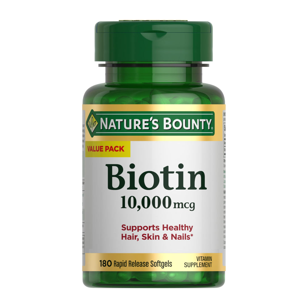 Nature's Bounty Biotin bottle front promotes daily hair health support.