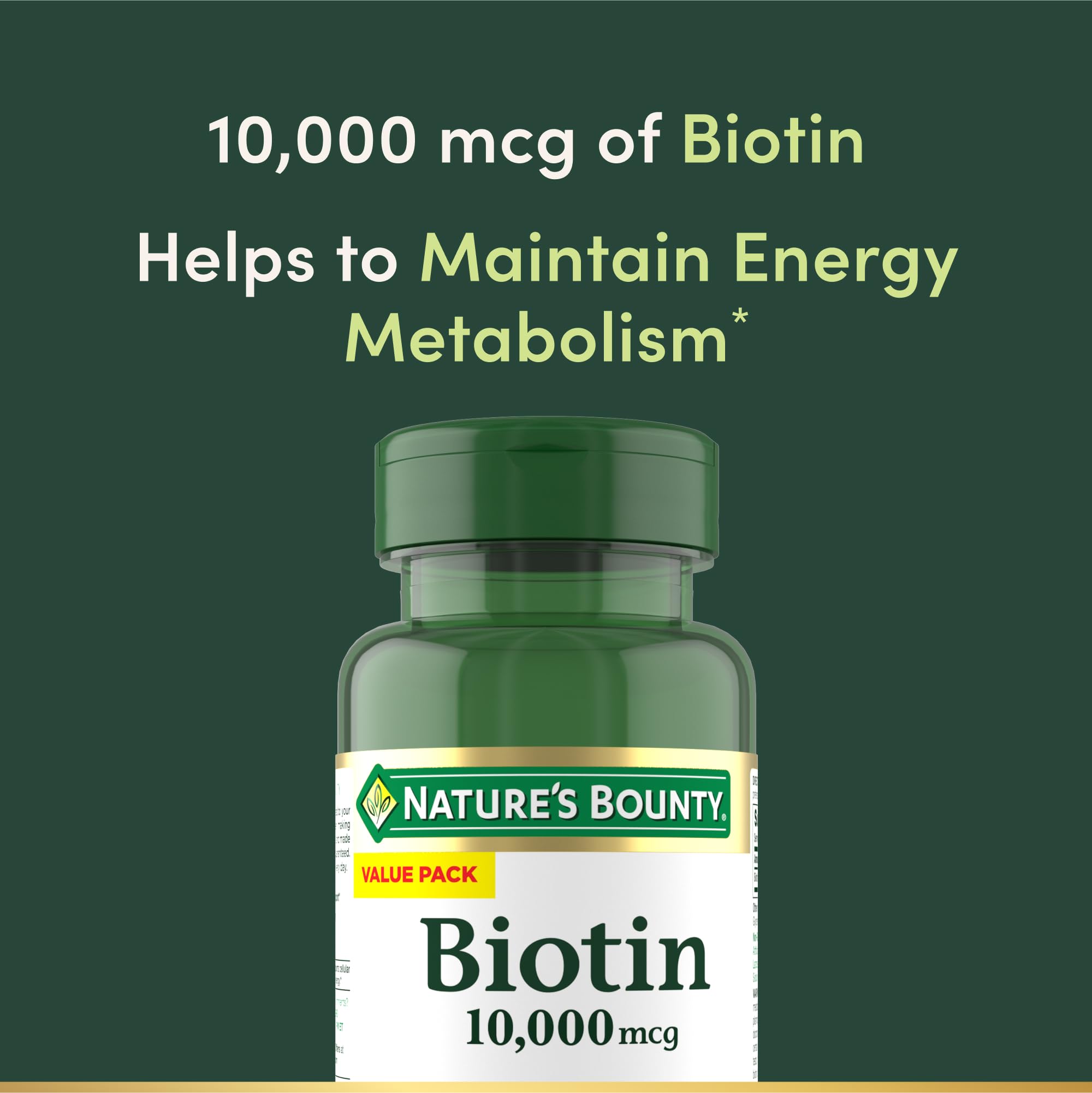 Nature's Bounty Biotin label closeup shows 10,000 mcg potency for energy metabolism.