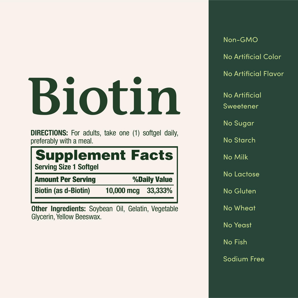 Non-GMO, gluten-free, sugar-free Biotin information on label