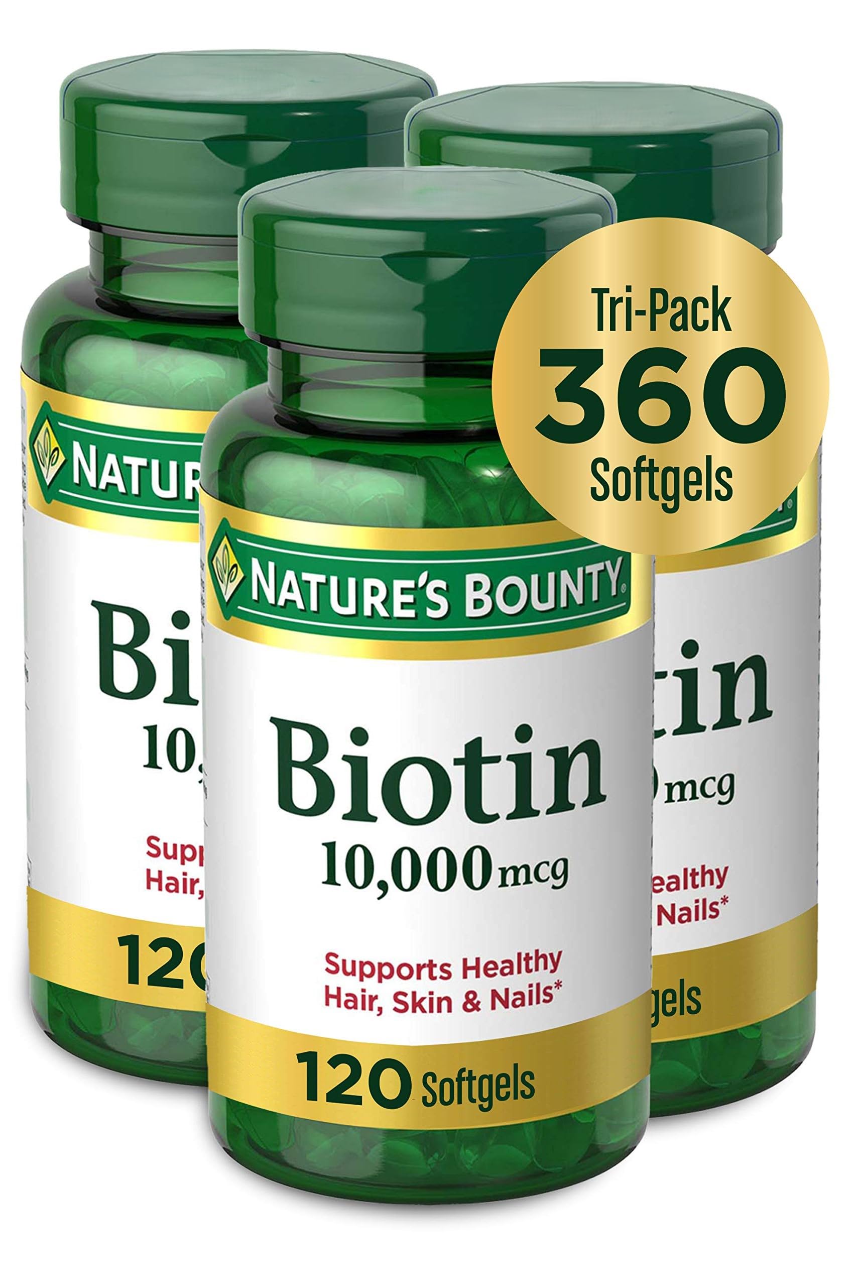 Product packaging showing three bottles of Biotin