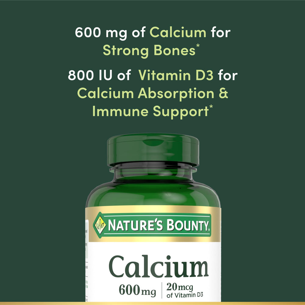 Calcium tablets with Nature's Bounty label showing 600mg calcium per serving