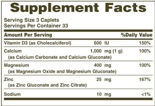 Close-up of Nature's Bounty Calcium Magnesium Zinc Caplets