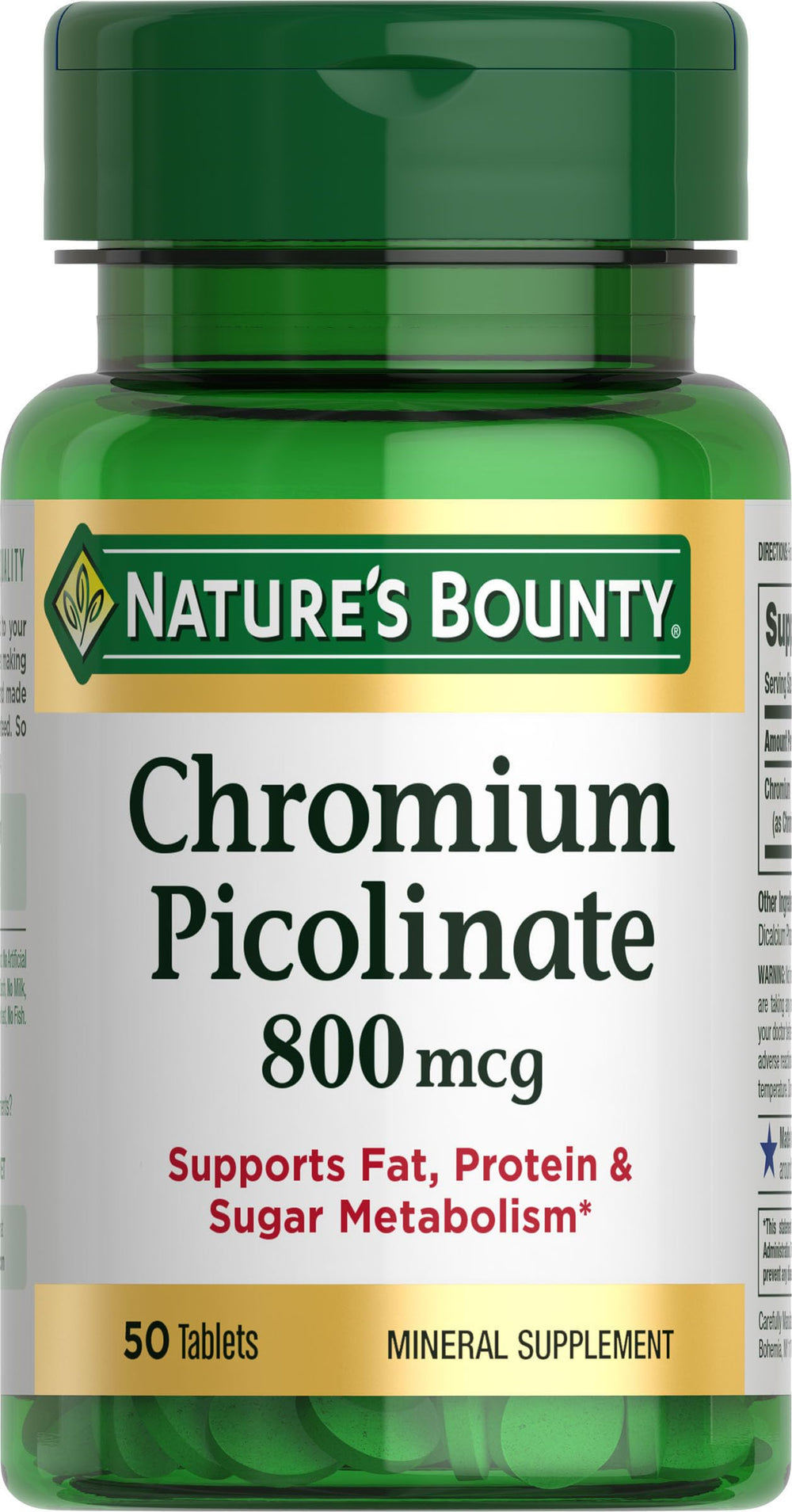 Nature's Bounty Chromium Picolinate 800 mcg bottle and label