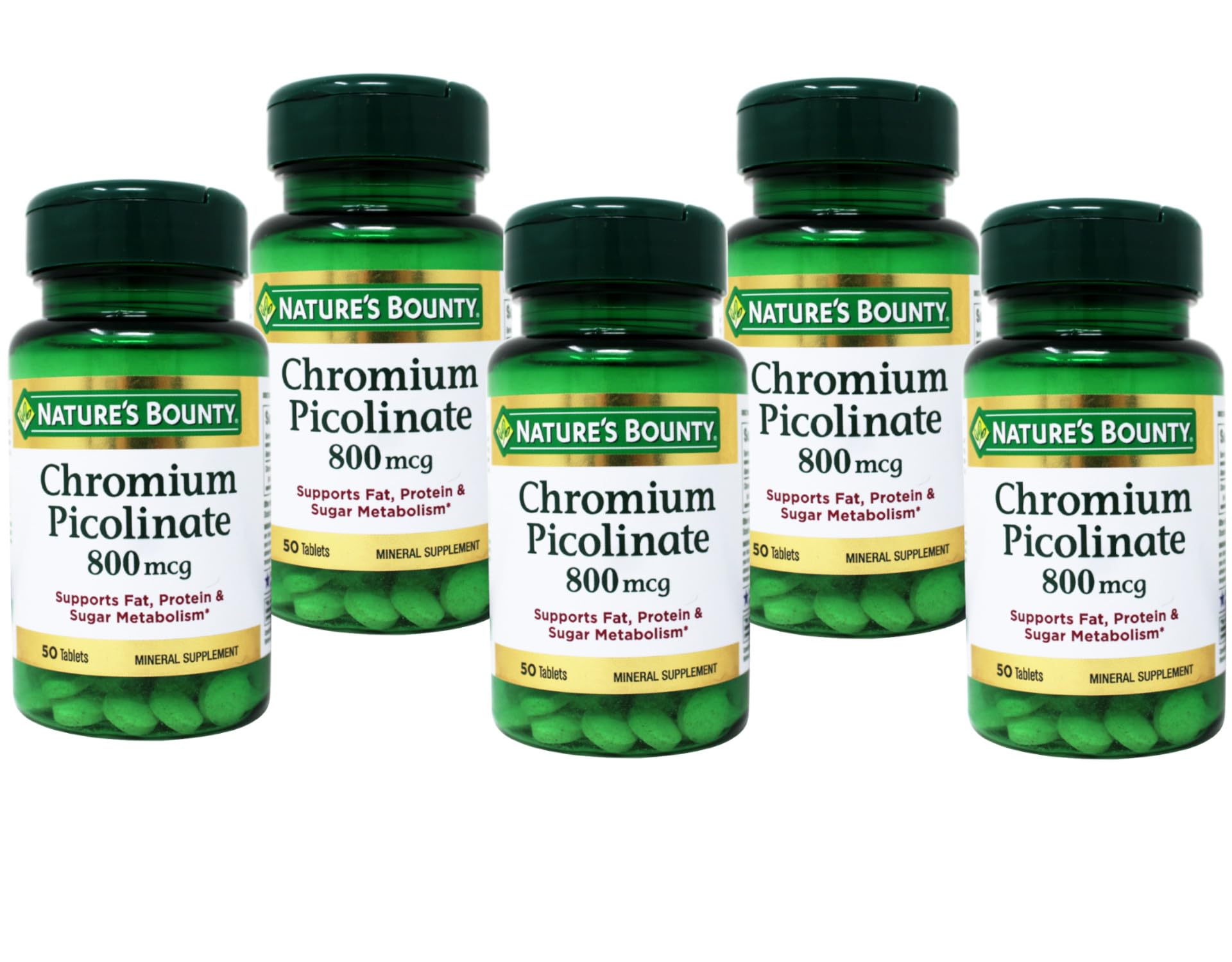 Close-up of Nature's Bounty Chromium Picolinate 800 mcg tablets bottle