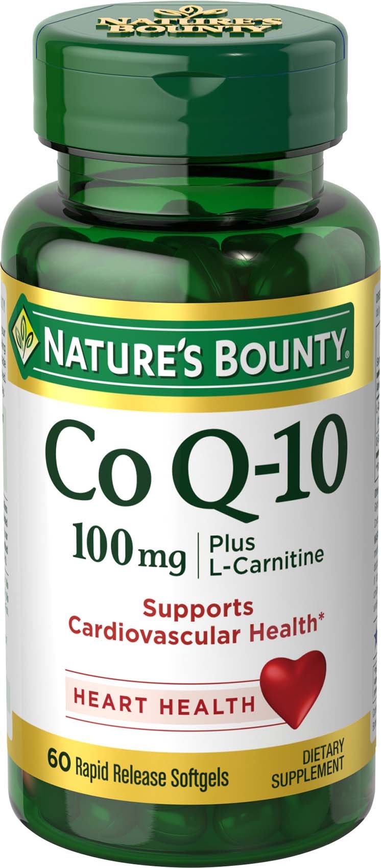 Nature's Bounty CoQ10 Plus L-Carnitine 100 mg bottle with 60 softgels
