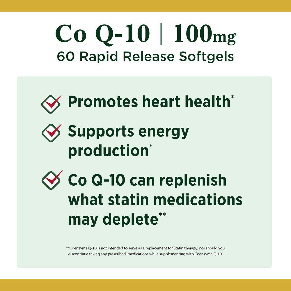 Supplement facts label for CoQ10 softgels