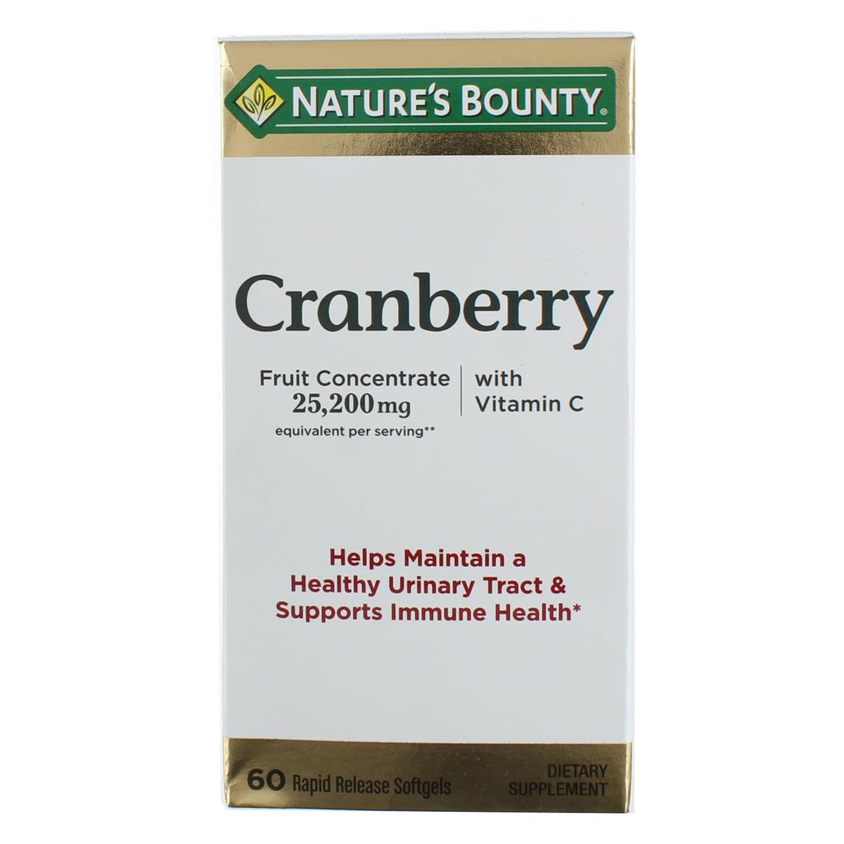 Front view of Nature's Bounty Cranberry Dietary Supplement pack with two 60-count bottles