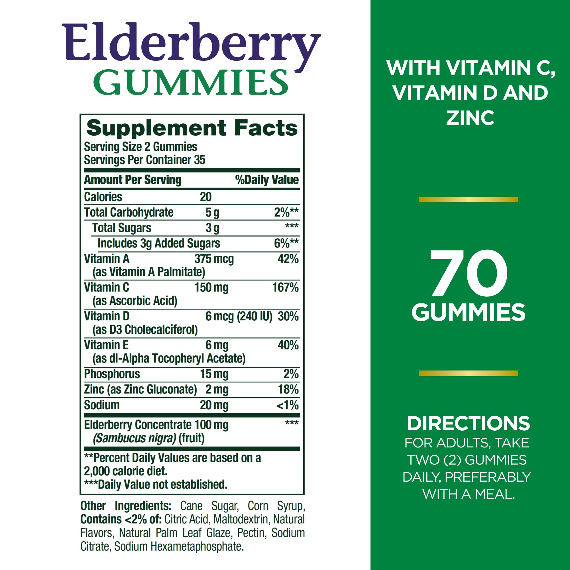 Ingredients panel for Nature's Bounty Elderberry Gummies