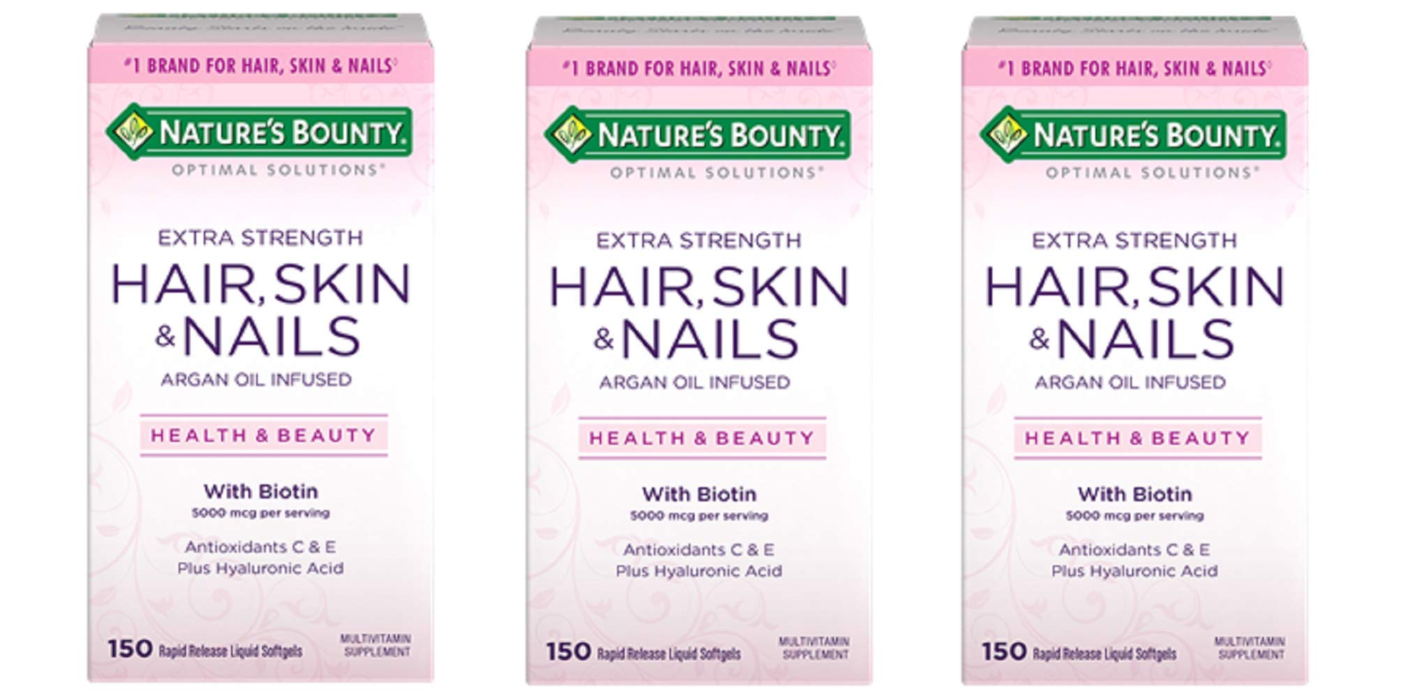 Front view of Nature's Bounty Extra Strength Hair Skin Nails 150 Count Pack of 3 bottle