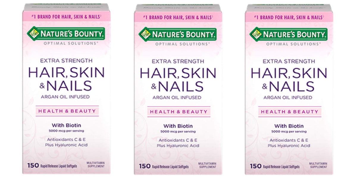 Front view of Nature's Bounty Extra Strength Hair Skin Nails 150 Count Pack of 3 bottle