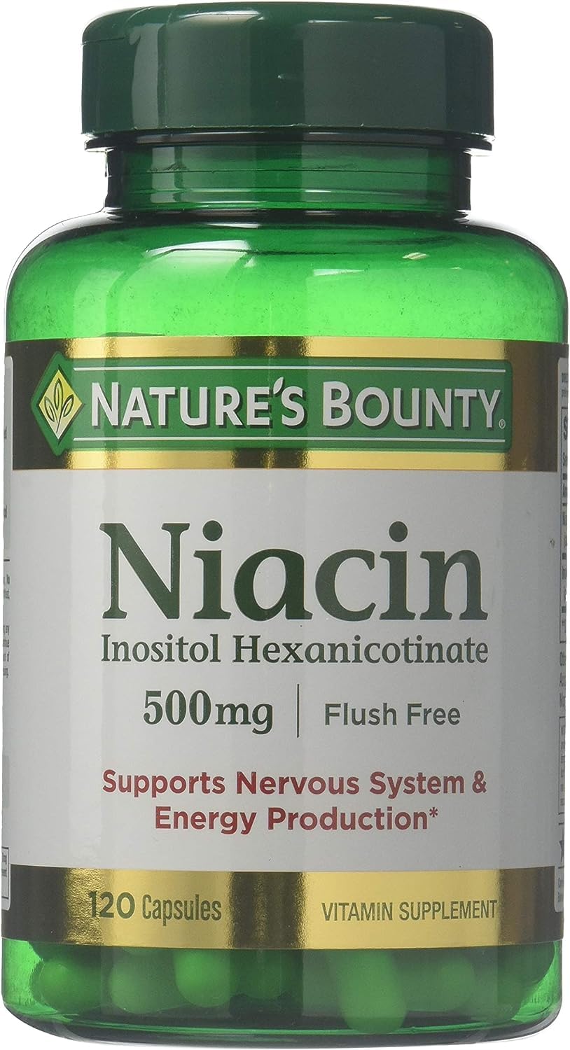 Front view of Nature's Bounty Flush Free Niacin 500 mg bottle from the 2 x 120-count pack