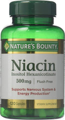 Front view of Nature's Bounty Flush Free Niacin 500 mg bottle from the 2 x 120-count pack