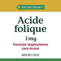 Bottle of Nature's Bounty Folic Acid with 1 mg per tablet