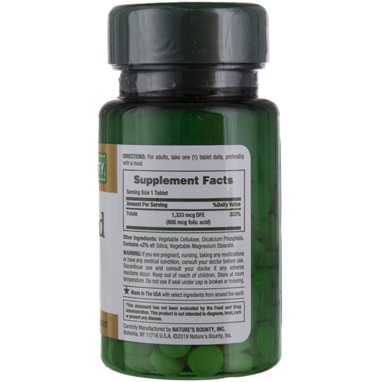 Close-up of Nature's Bounty Folic Acid Supplement bottle label 800mcg