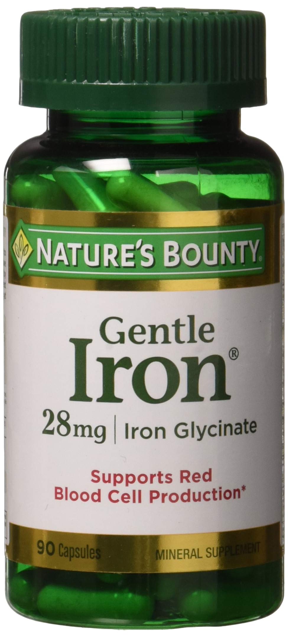 Nature's Bounty Gentle Iron 28 mg bottle and capsules