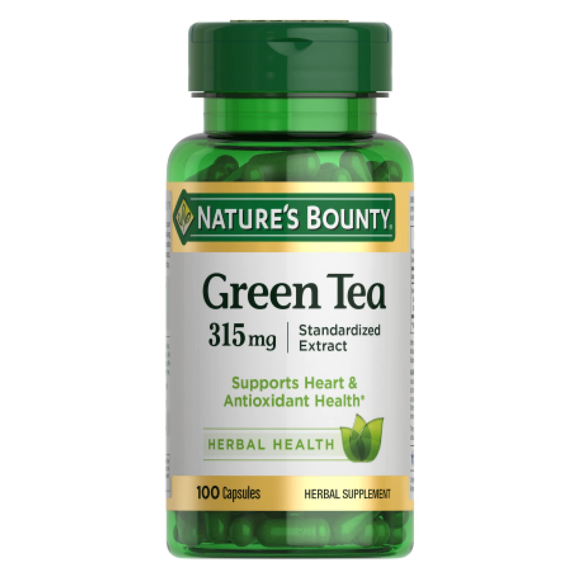 Nature's Bounty Green Tea Pills bottle label showing 315mg per capsule