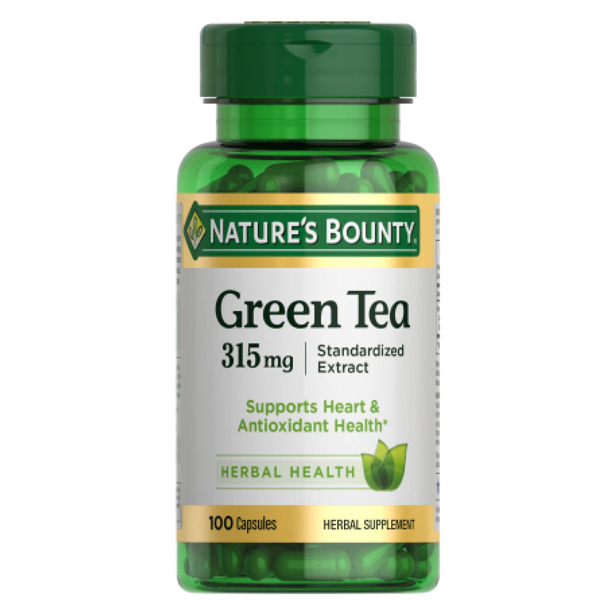 Nature's Bounty Green Tea Pills bottle label showing 315mg per capsule