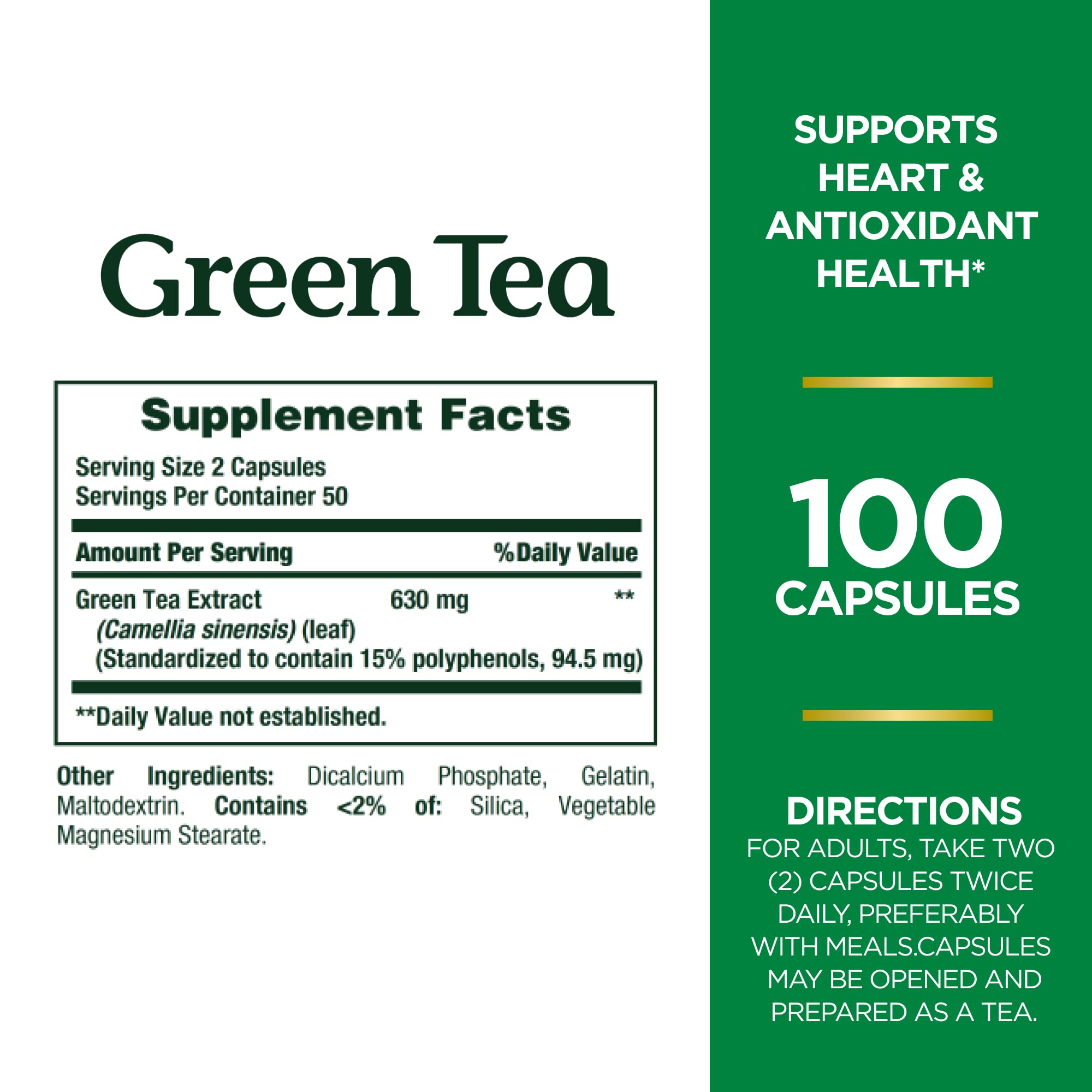 Close-up of Nature's Bounty Green Tea Pills capsules