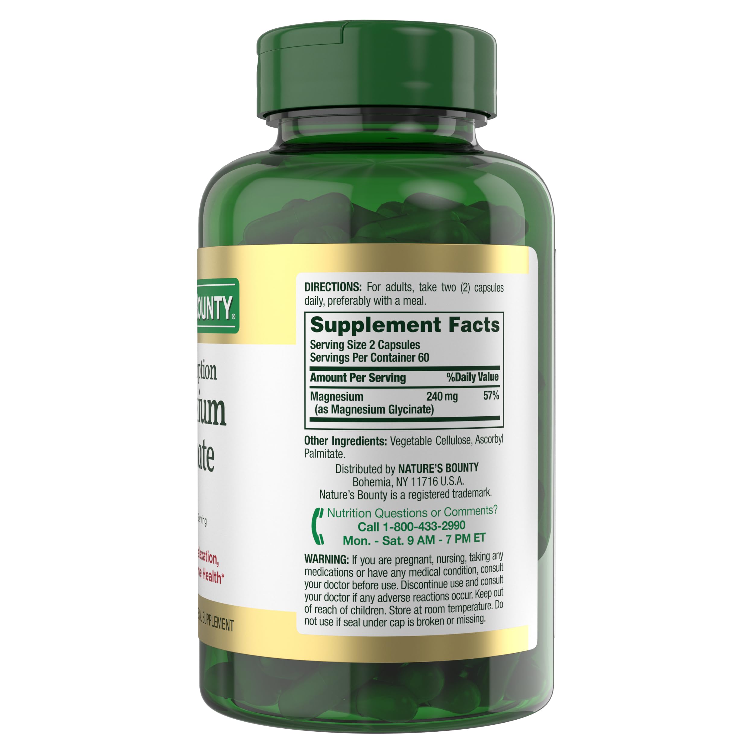 Nature’s Bounty magnesium glycinate packaging emphasizes heart, bone, and muscle health