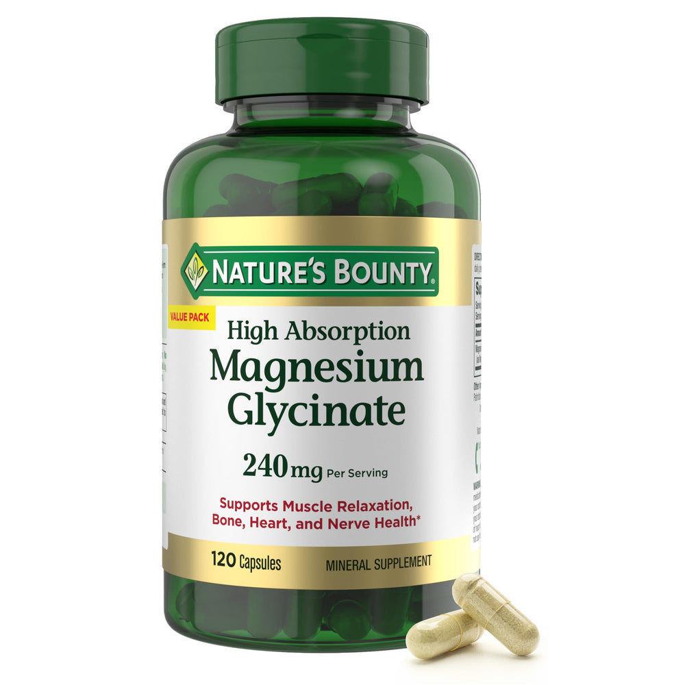 Nature’s Bounty high absorption magnesium glycinate bottle supports overall body function