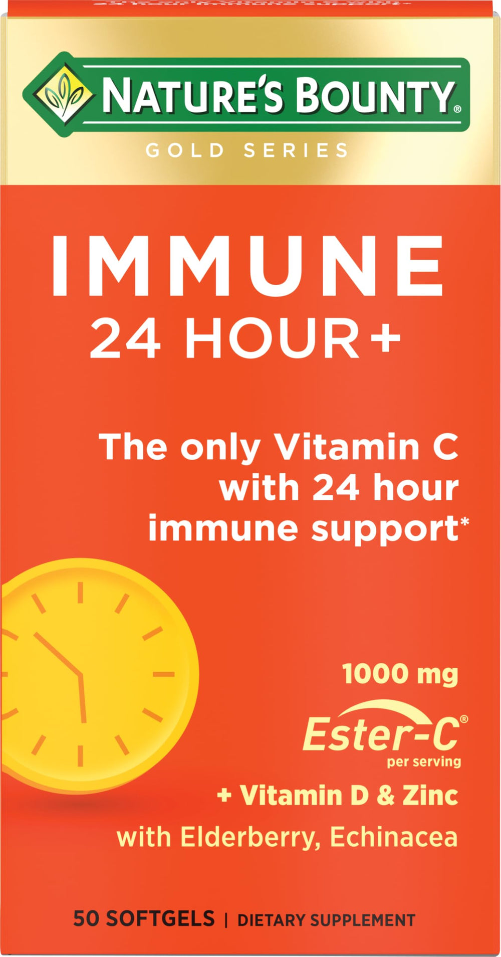 Nature's Bounty Immune 24 Hour+ bottle—daily immune support on display.