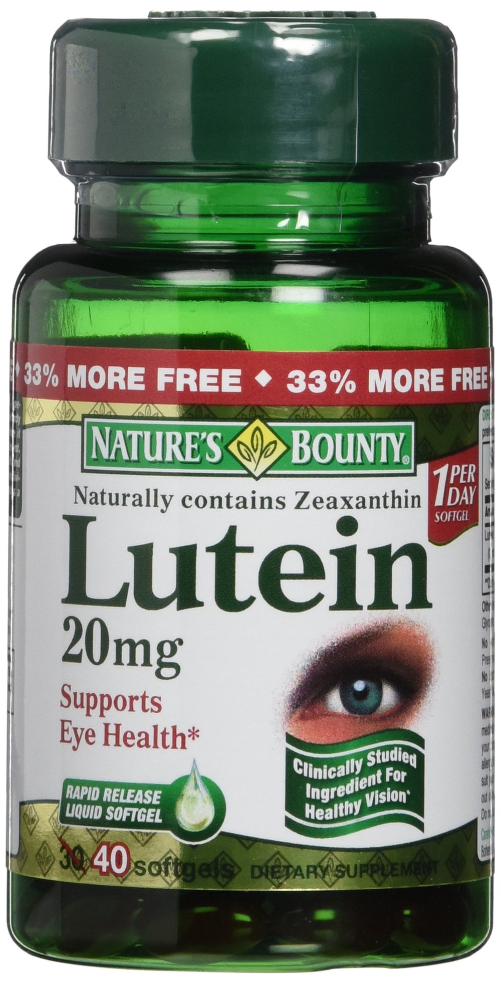 Nature's Bounty Lutein 20 mg bottle, 40 softgels, pack of 2 – main product image