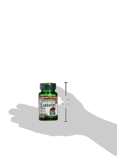 Close-up of bottle label showing lutein 20 mg and 40 softgels