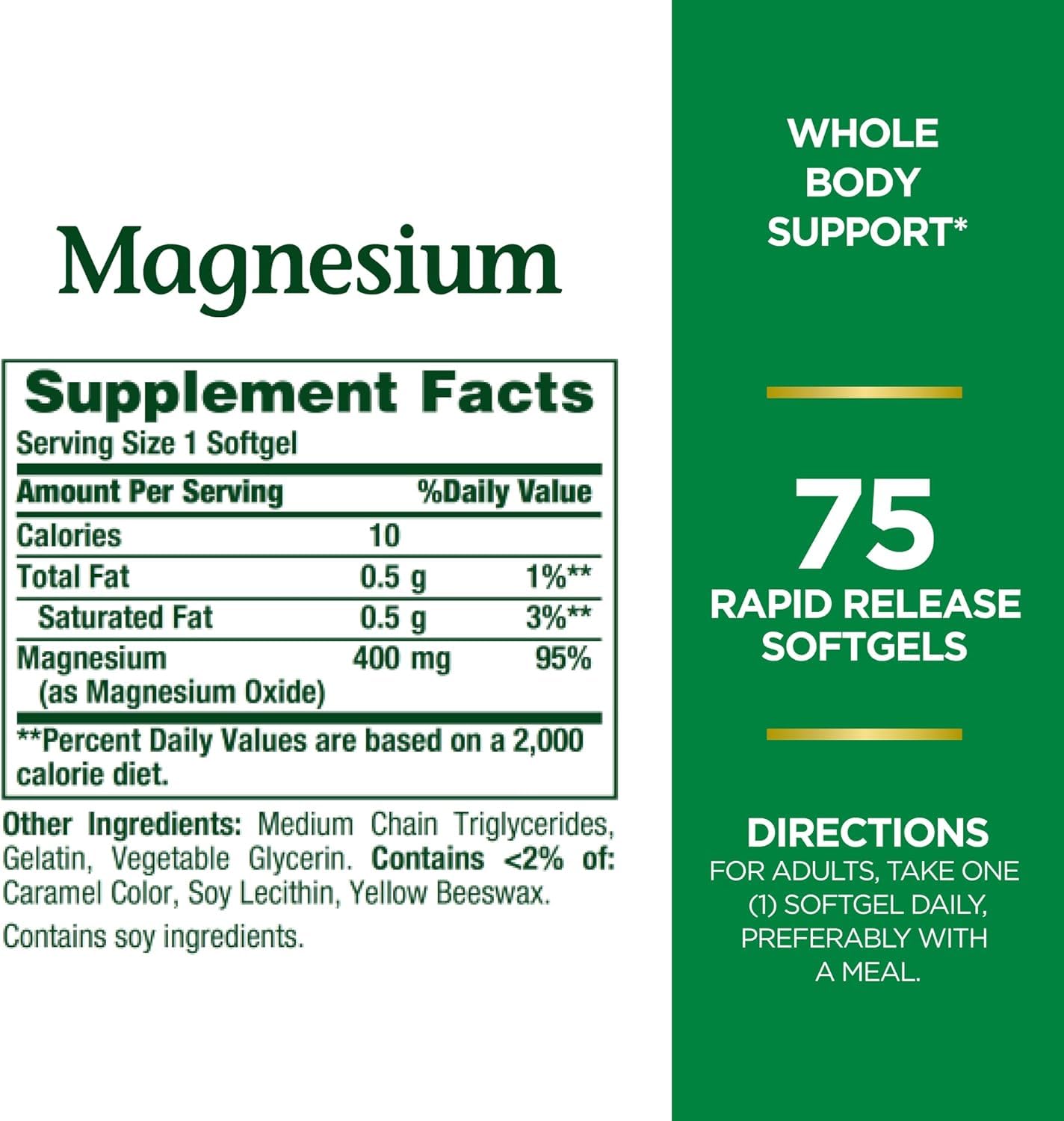 Close-up of Nature's Bounty Magnesium 400 mg Softgels bottle