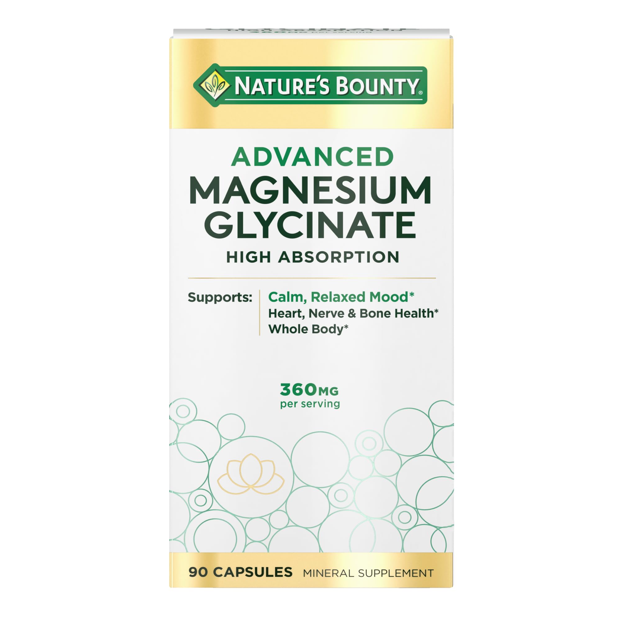 Nature's Bounty Magnesium Glycinate bottle front with 90 capsules