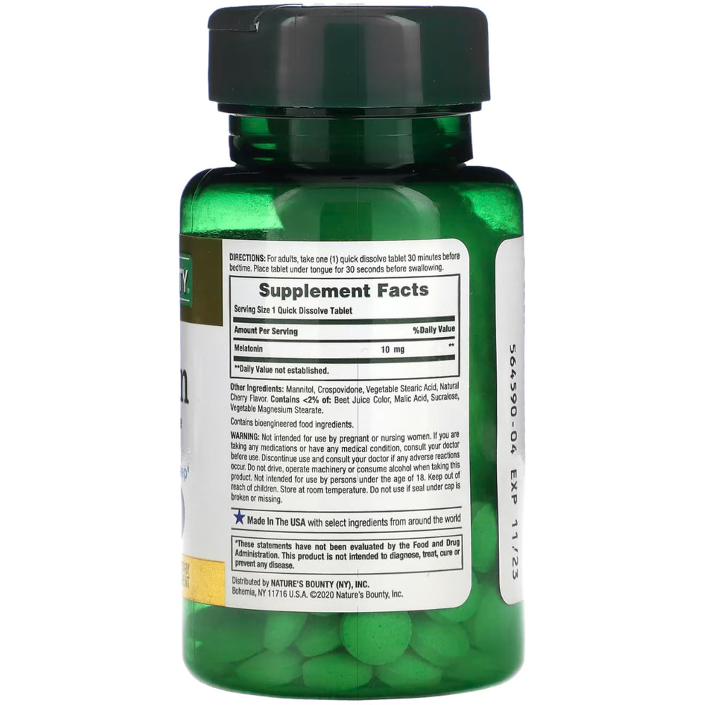 Close-up of Nature's Bounty Melatonin 10 mg Quick-Dissolve tablet