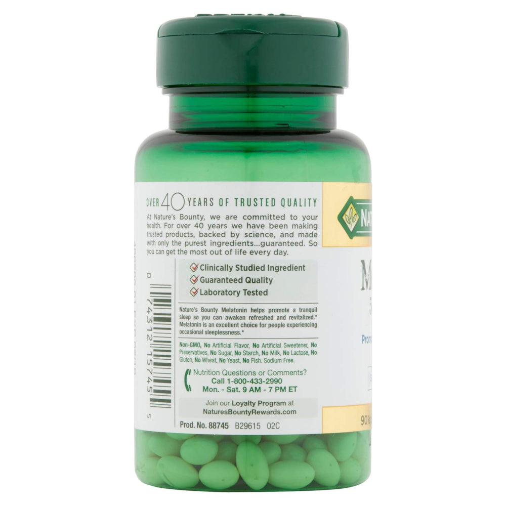 Close-up of Nature's Bounty Melatonin 5 mg softgels packaging and bottle