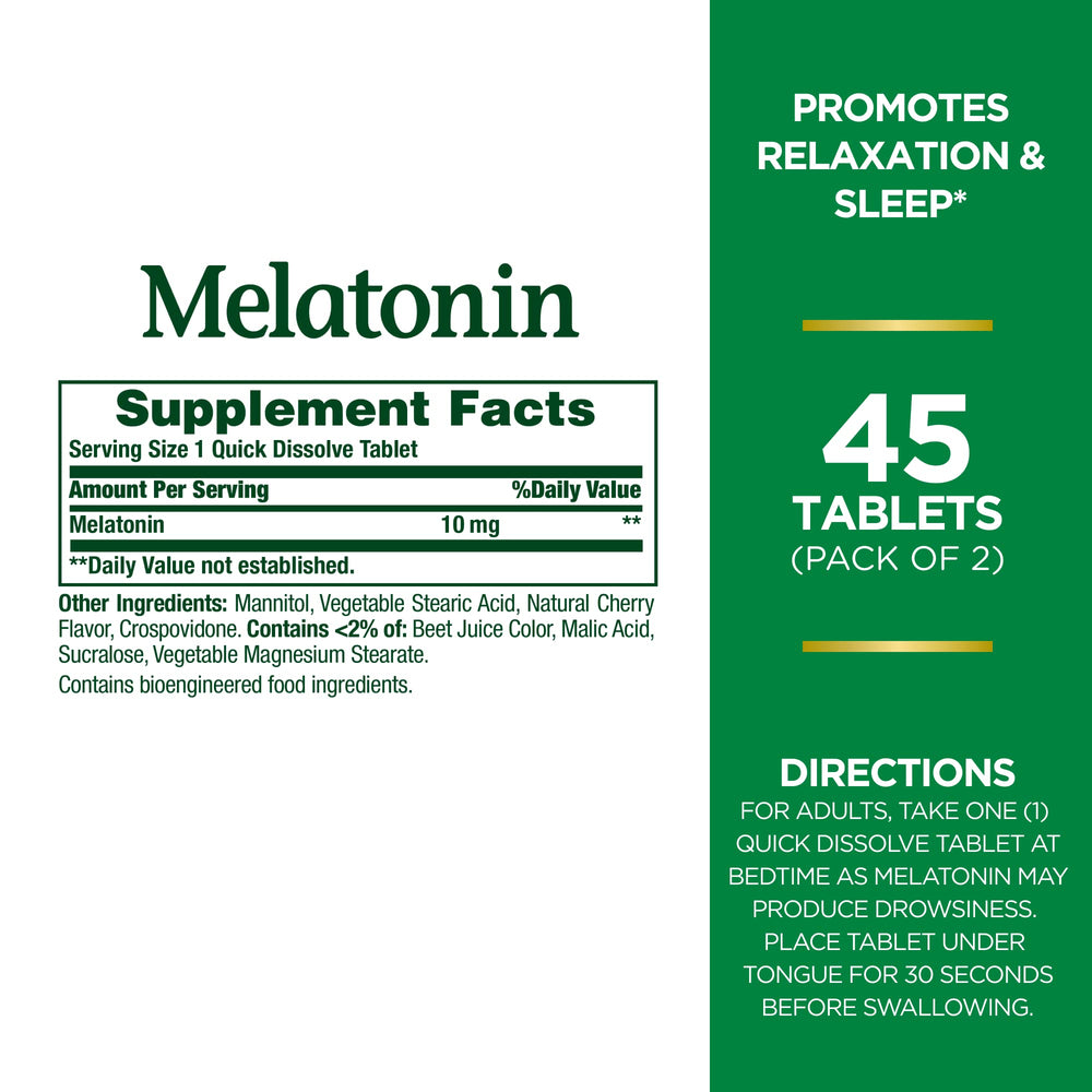 Close-up of Nature's Bounty Melatonin Quick Dissolve Tablet bottle label