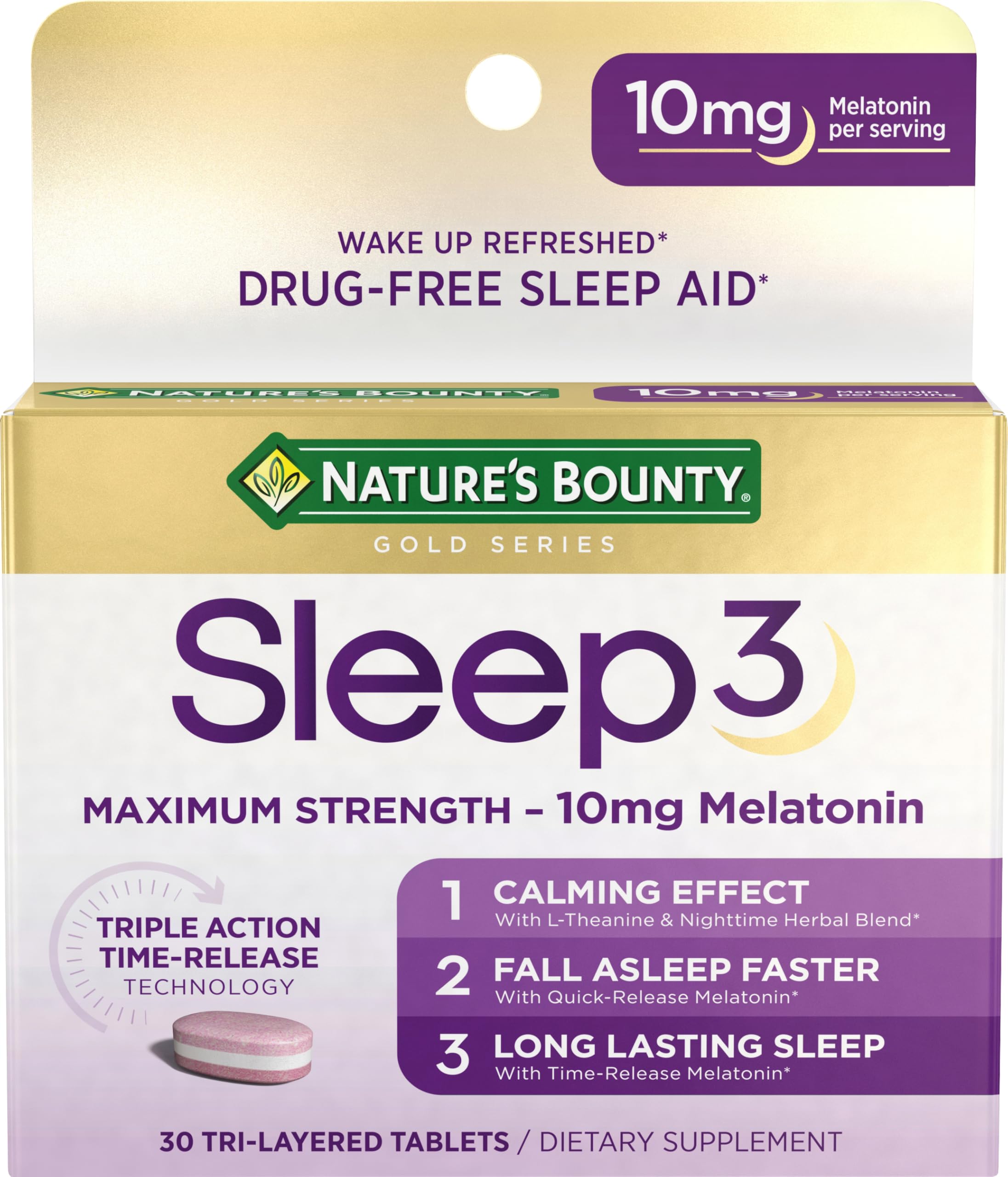 Nature's Bounty Sleep3 bottle front with 10 mg melatonin for restful nights