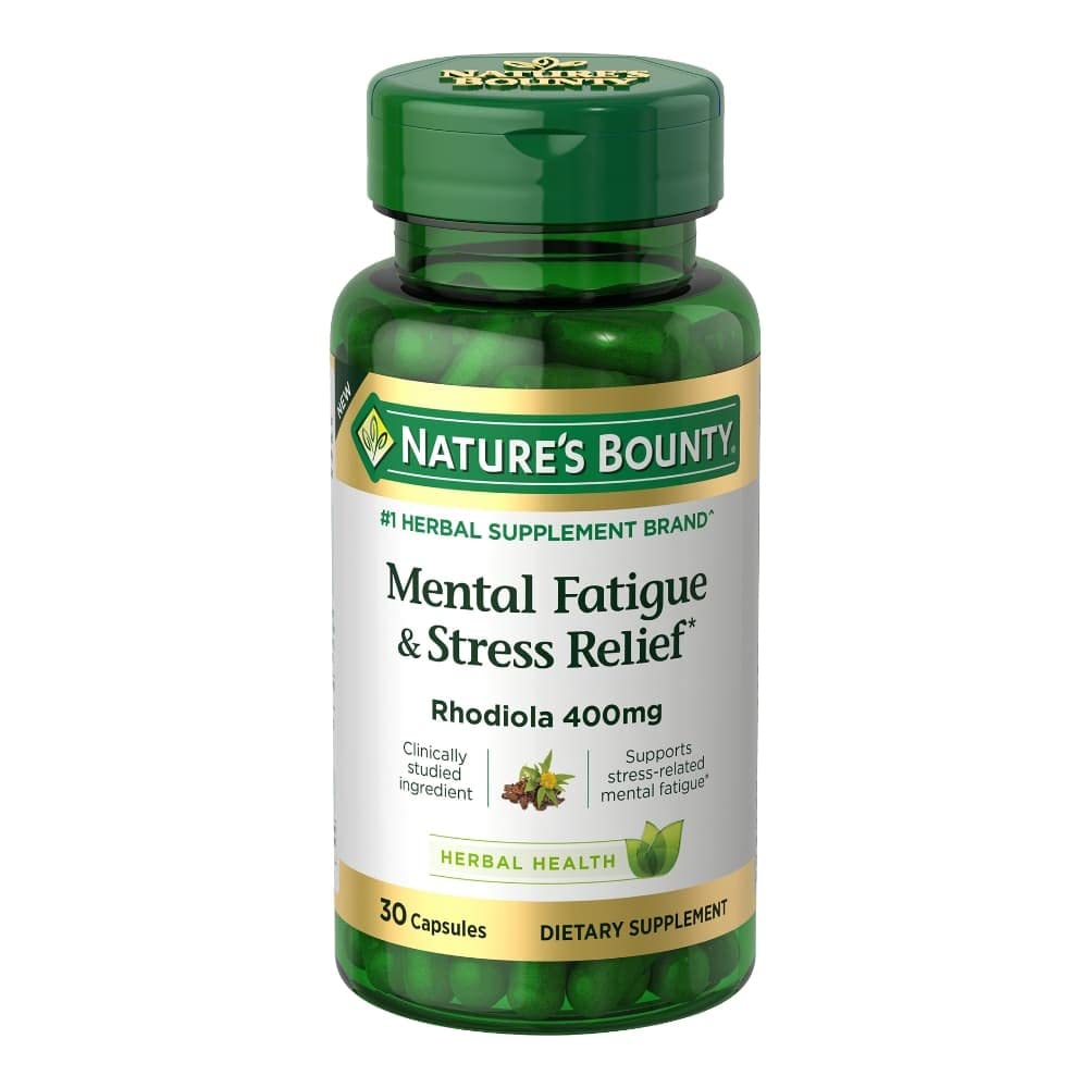 Nature's Bounty Mental Fatigue & Stress Relief bottle label with 400 mg Rhodiolife Rhodiola.