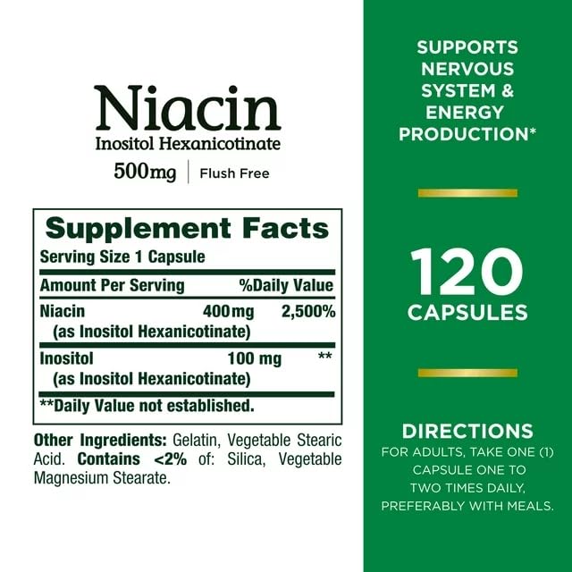 Close-up of flush-free niacin capsules (inositol hexanicotinate)