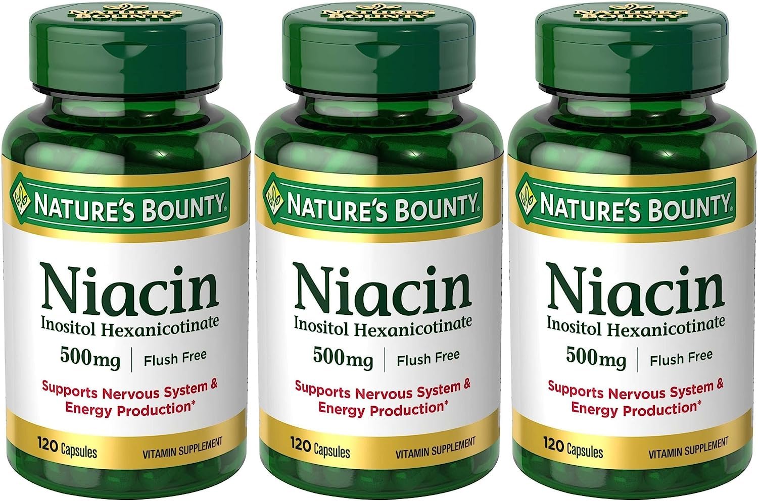 Packaging: Set of 3 Nature's Bounty Niacin Flush Free 500 mg bottles