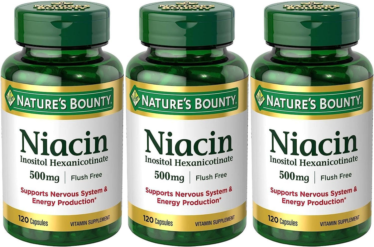 Packaging: Set of 3 Nature's Bounty Niacin Flush Free 500 mg bottles