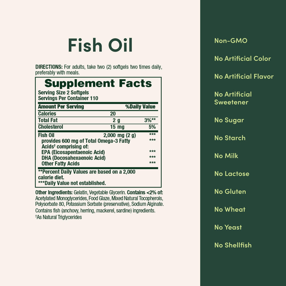 Mercury-free, non-GMO purity tested seal on Nature's Bounty Fish Oil