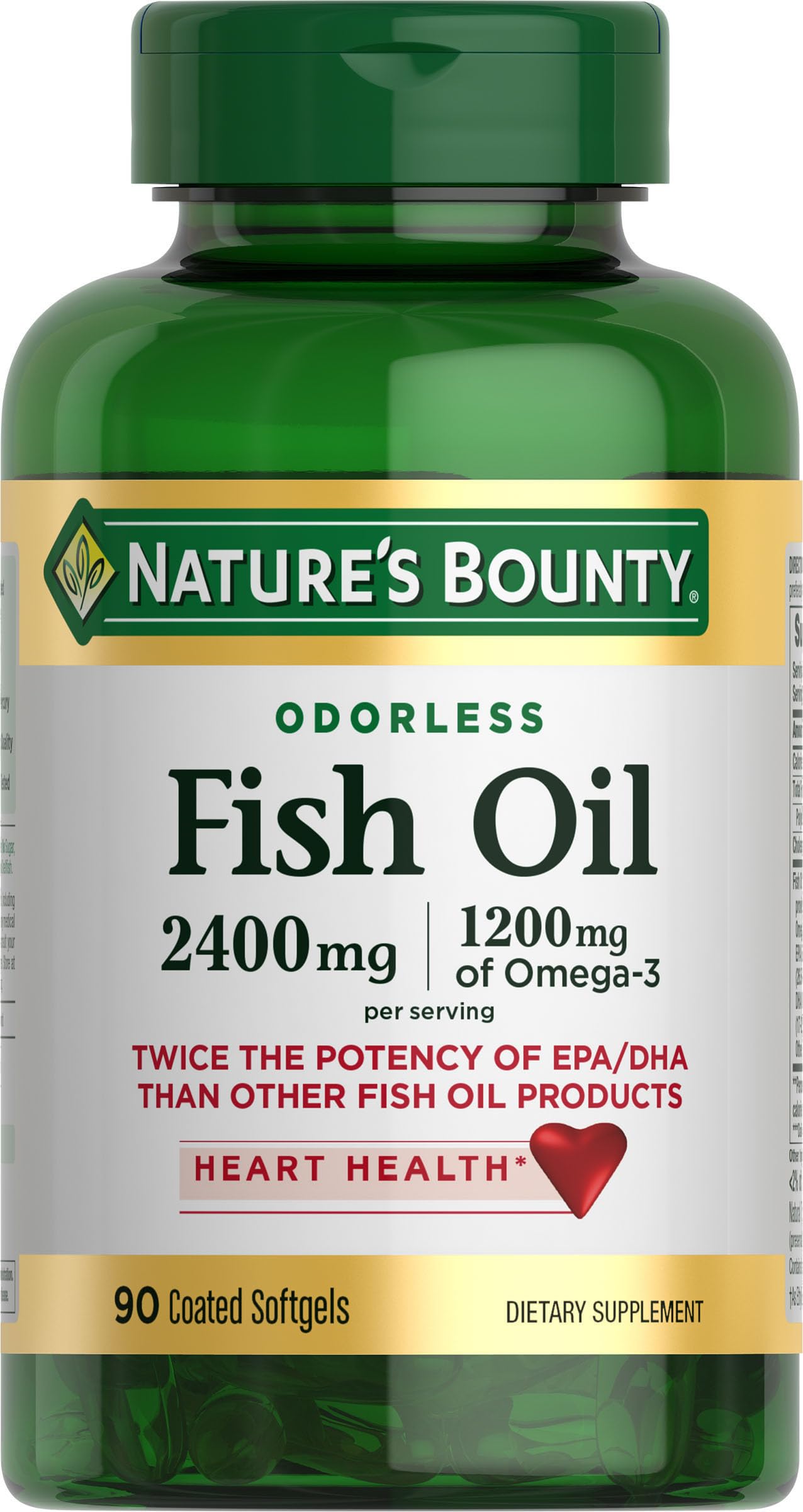 Nature's Bounty Odorless Fish Oil softgels in bottle for easy daily heart-healthy support.