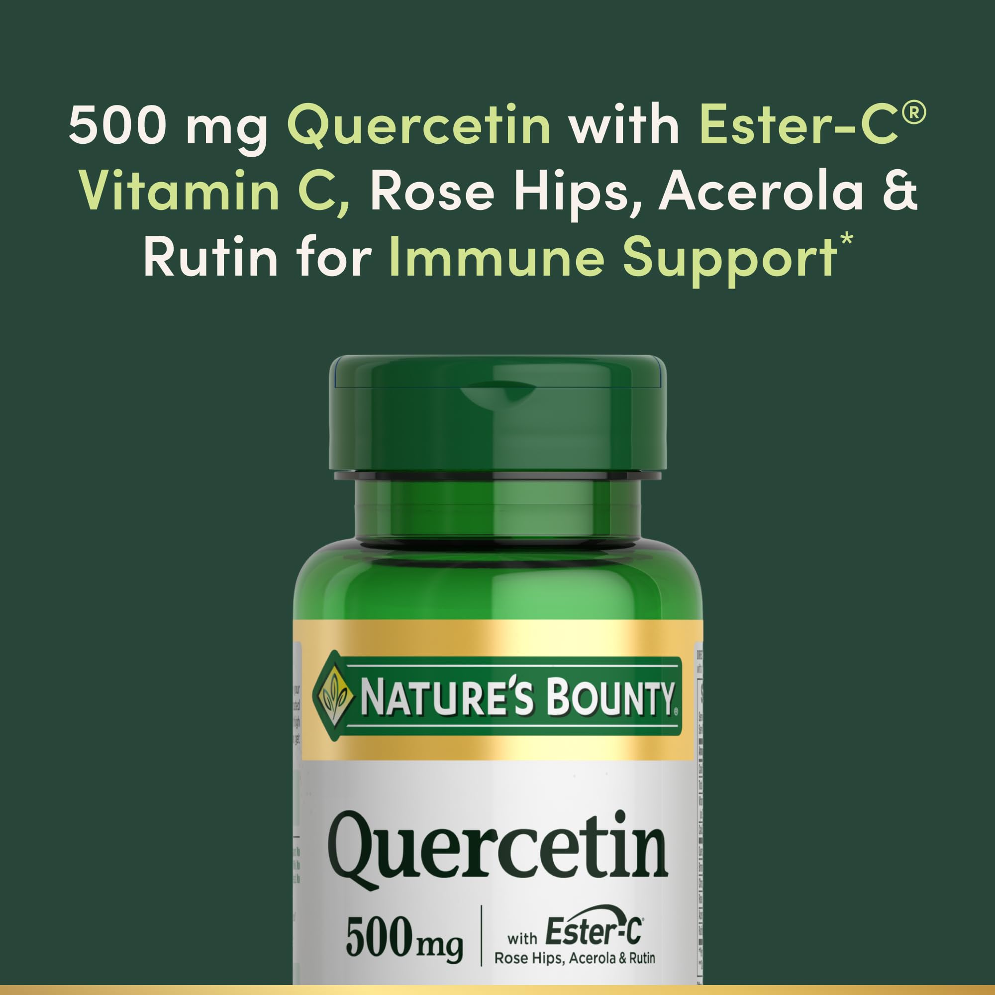 Side profile of Nature's Bounty Quercetin 500mg immune support bottle
