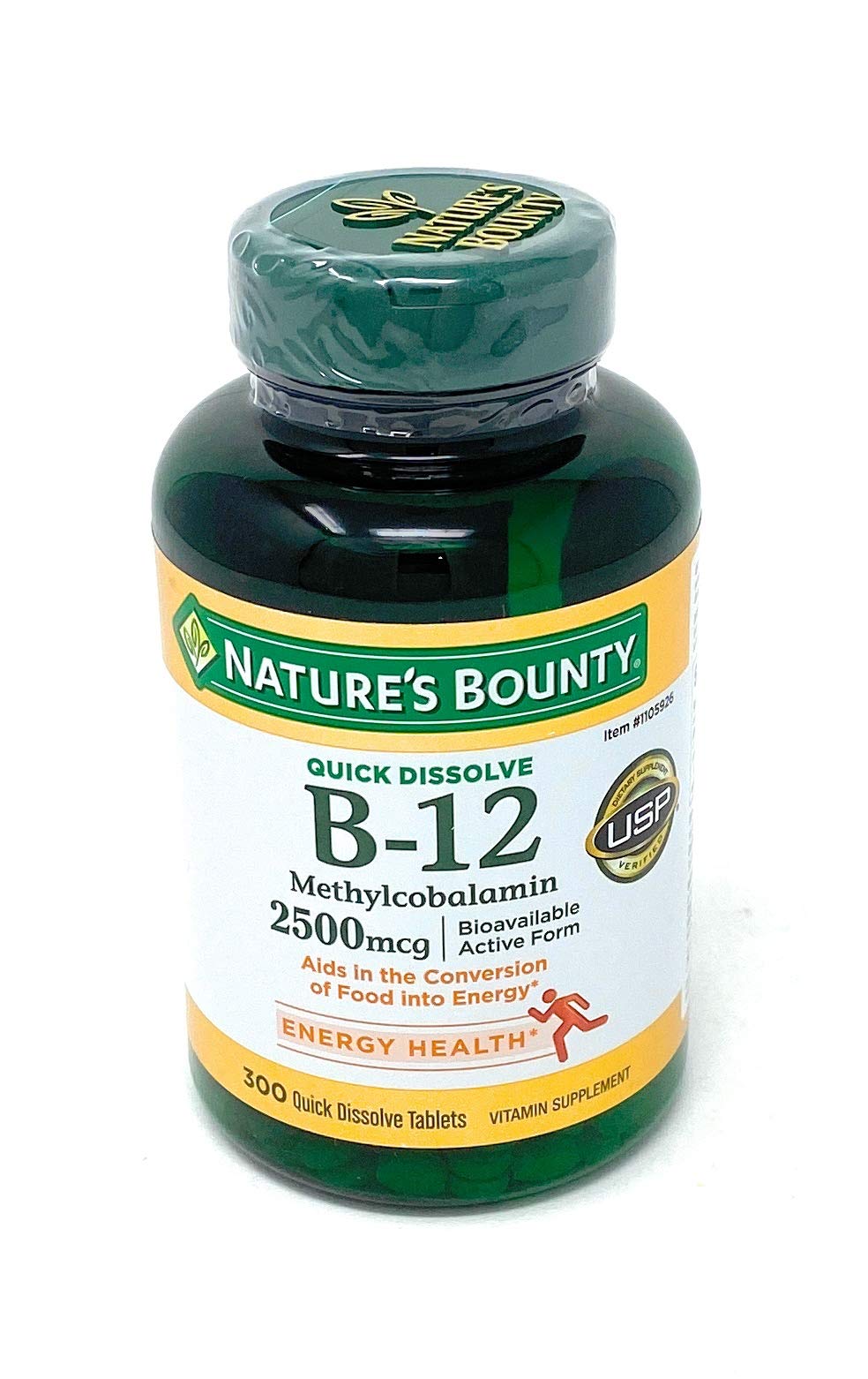 Nature's Bounty Quick Dissolve B-12 cherry flavor tablets dissolving under tongue for rapid absorption.