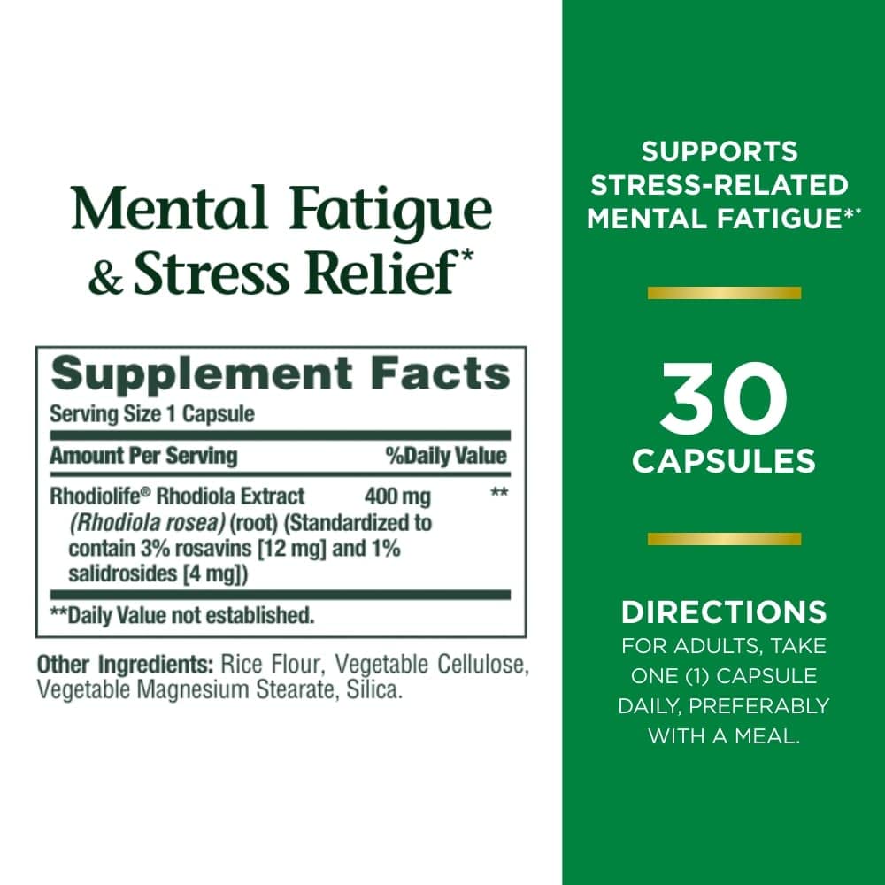 Close-up of Rhodiola 400 mg capsules from Nature's Bounty.